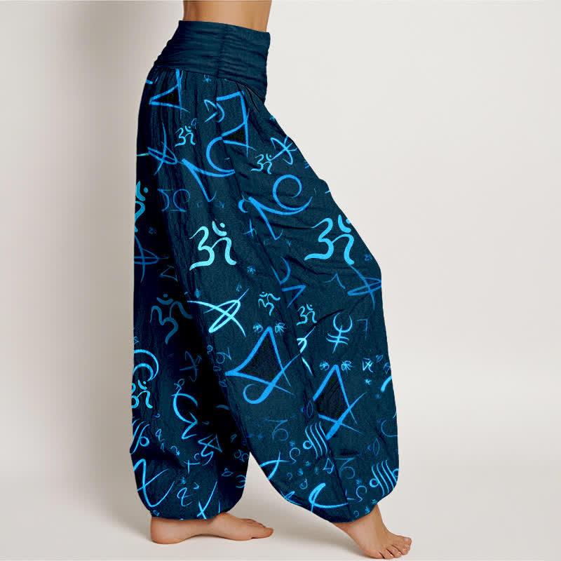 Nimara Ritual Pure Cotton Blue OM Symbol Pattern Women's Elastic Waist Harem Pants