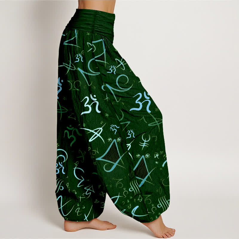 Nimara Ritual Pure Cotton Blue OM Symbol Pattern Women's Elastic Waist Harem Pants