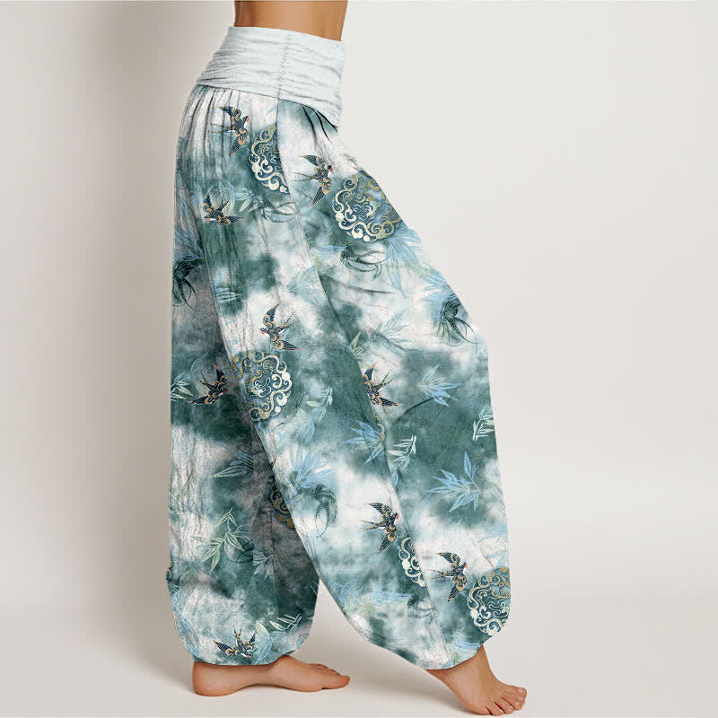 Nimara Ritual Pure Cotton Cloud Medallion and Bird Pattern Women's Elastic Waist Harem Pants