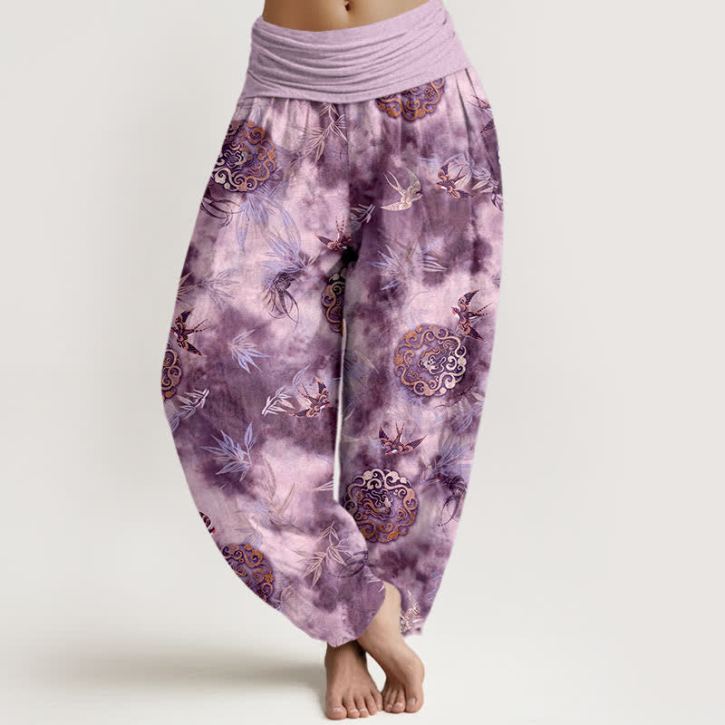 Nimara Ritual Pure Cotton Cloud Medallion and Bird Pattern Women's Elastic Waist Harem Pants
