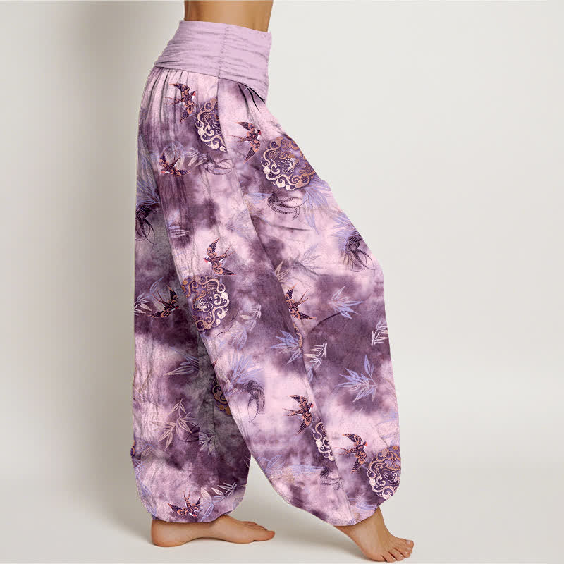 Nimara Ritual Pure Cotton Cloud Medallion and Bird Pattern Women's Elastic Waist Harem Pants