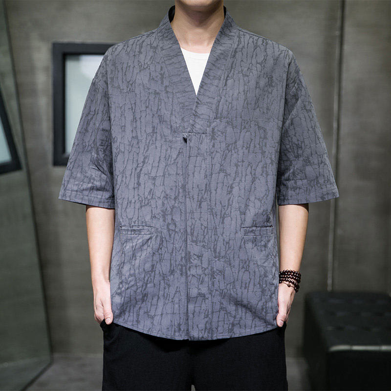 Nimara Ritual Summer V-Neck Buttons Shattered Pattern Men's Short Sleeve Shirt With Pockets