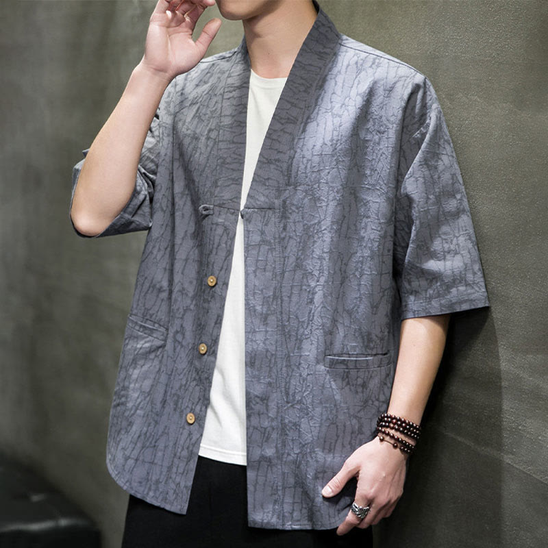 Nimara Ritual Summer V-Neck Buttons Shattered Pattern Men's Short Sleeve Shirt With Pockets