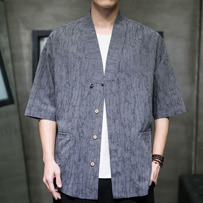 Nimara Ritual Summer V-Neck Buttons Shattered Pattern Men's Short Sleeve Shirt With Pockets