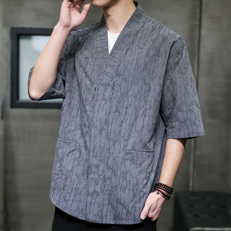 Nimara Ritual Summer V-Neck Buttons Shattered Pattern Men's Short Sleeve Shirt With Pockets