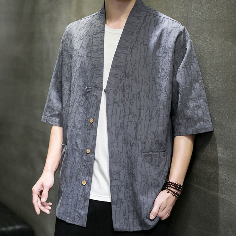 Nimara Ritual Summer V-Neck Buttons Shattered Pattern Men's Short Sleeve Shirt With Pockets