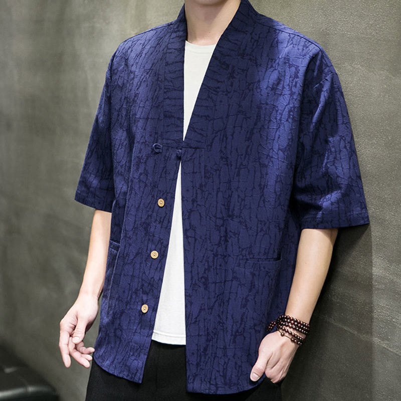 Nimara Ritual Summer V-Neck Buttons Shattered Pattern Men's Short Sleeve Shirt With Pockets