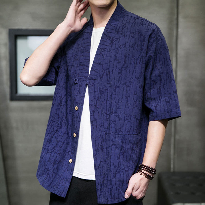 Nimara Ritual Summer V-Neck Buttons Shattered Pattern Men's Short Sleeve Shirt With Pockets