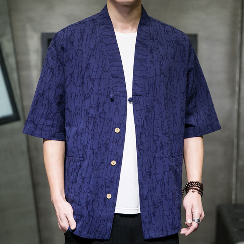 Nimara Ritual Summer V-Neck Buttons Shattered Pattern Men's Short Sleeve Shirt With Pockets