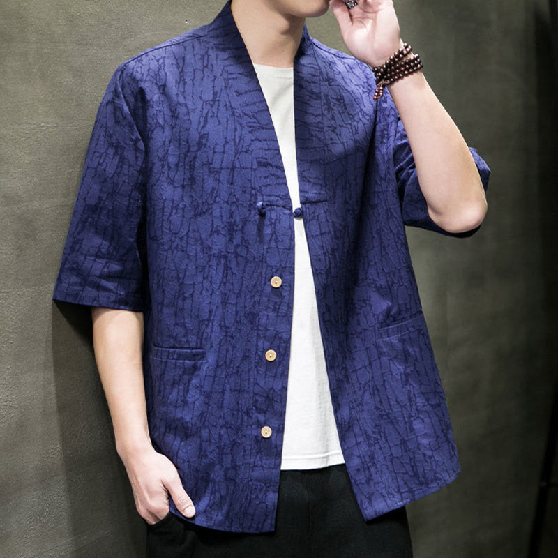 Nimara Ritual Summer V-Neck Buttons Shattered Pattern Men's Short Sleeve Shirt With Pockets