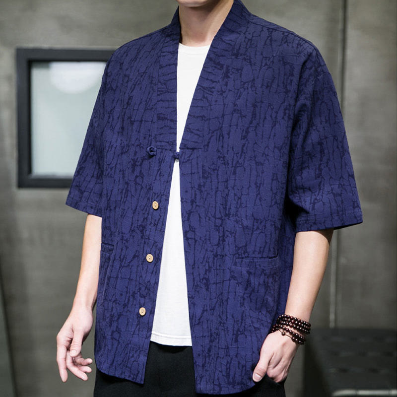 Nimara Ritual Summer V-Neck Buttons Shattered Pattern Men's Short Sleeve Shirt With Pockets