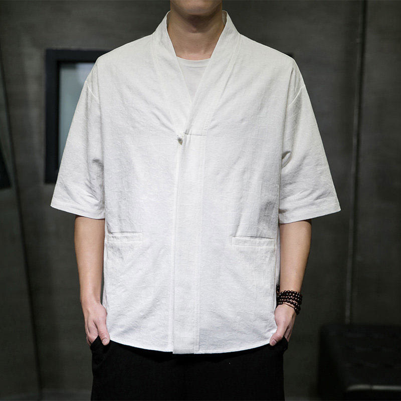 Nimara Ritual Summer V-Neck Buttons Shattered Pattern Men's Short Sleeve Shirt With Pockets