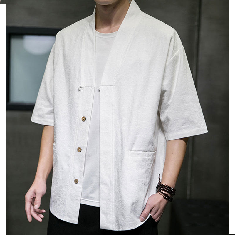 Nimara Ritual Summer V-Neck Buttons Shattered Pattern Men's Short Sleeve Shirt With Pockets
