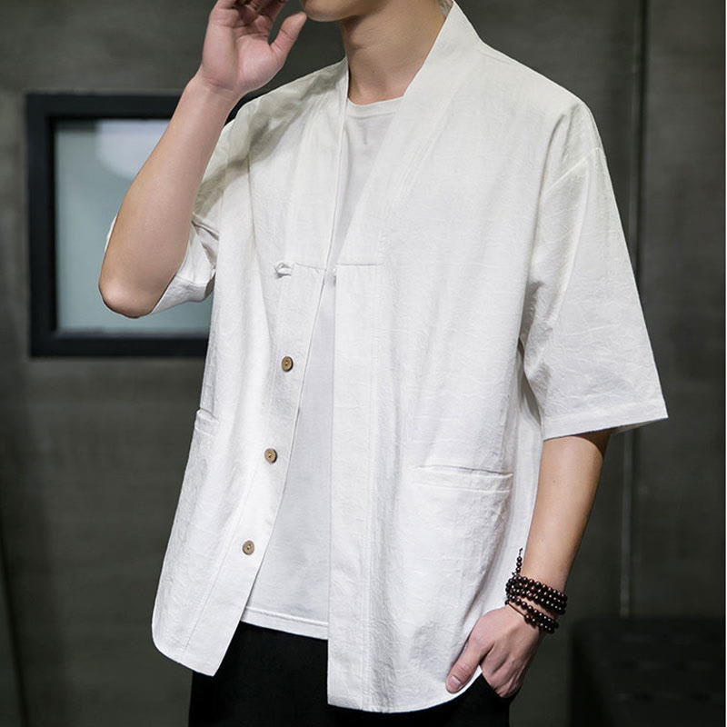 Nimara Ritual Summer V-Neck Buttons Shattered Pattern Men's Short Sleeve Shirt With Pockets