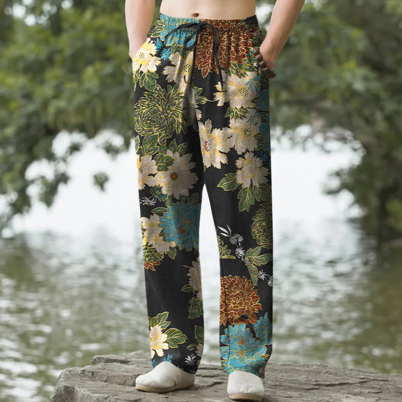 Nimara Ritual Cotton Peony Chrysanthemum Turquoise Floral Pattern Men's Tapered Pants With Pockets