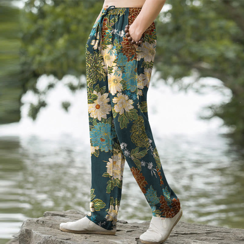 Nimara Ritual Cotton Peony Chrysanthemum Turquoise Floral Pattern Men's Tapered Pants With Pockets