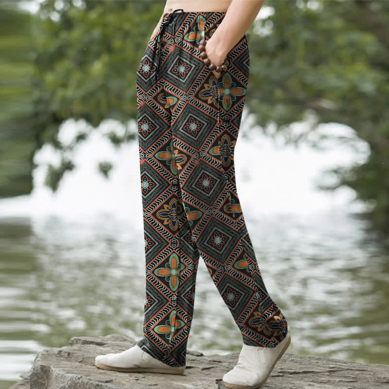 Nimara Ritual Cotton Bohemian Diamond Floral Pattern Men's Tapered Pants With Pockets