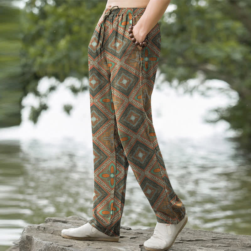 Nimara Ritual Cotton Bohemian Diamond Floral Pattern Men's Tapered Pants With Pockets