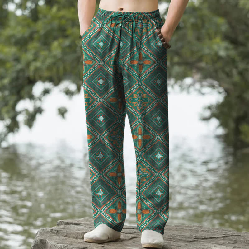 Nimara Ritual Cotton Bohemian Diamond Floral Pattern Men's Tapered Pants With Pockets