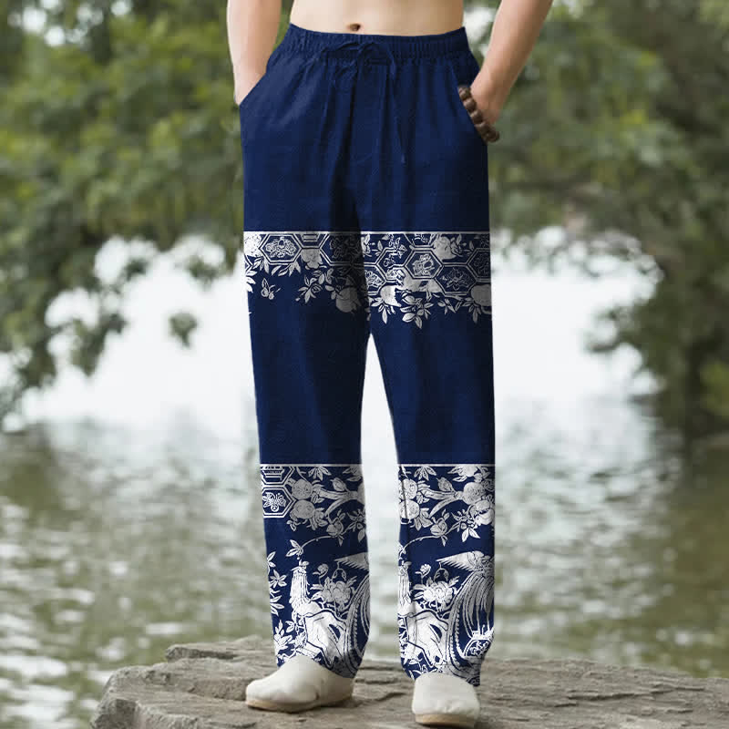 Nimara Ritual Cotton Ivory Floral Band Pattern Men's Tapered Pants With Pockets