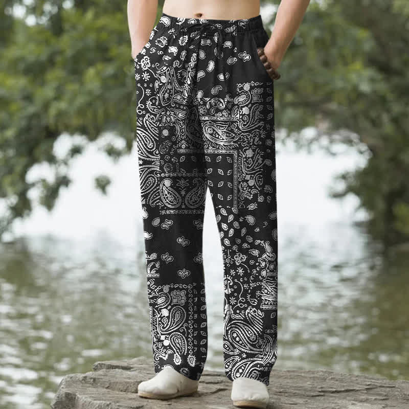 Nimara Ritual Cotton Black White Paisley Patchwork Pattern Men's Tapered Pants With Pockets