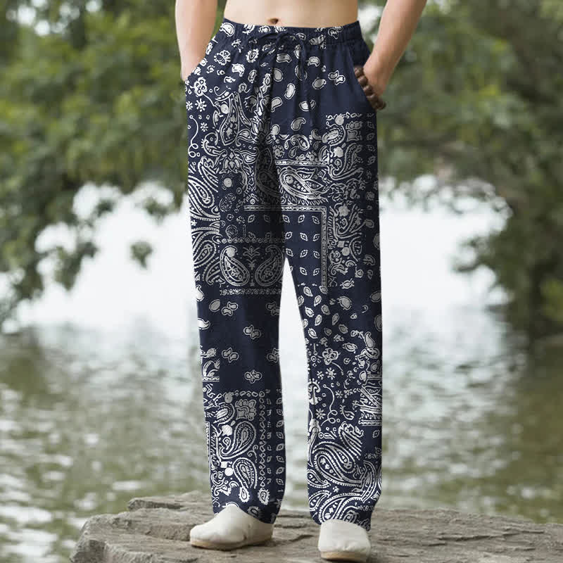 Nimara Ritual Cotton Black White Paisley Patchwork Pattern Men's Tapered Pants With Pockets