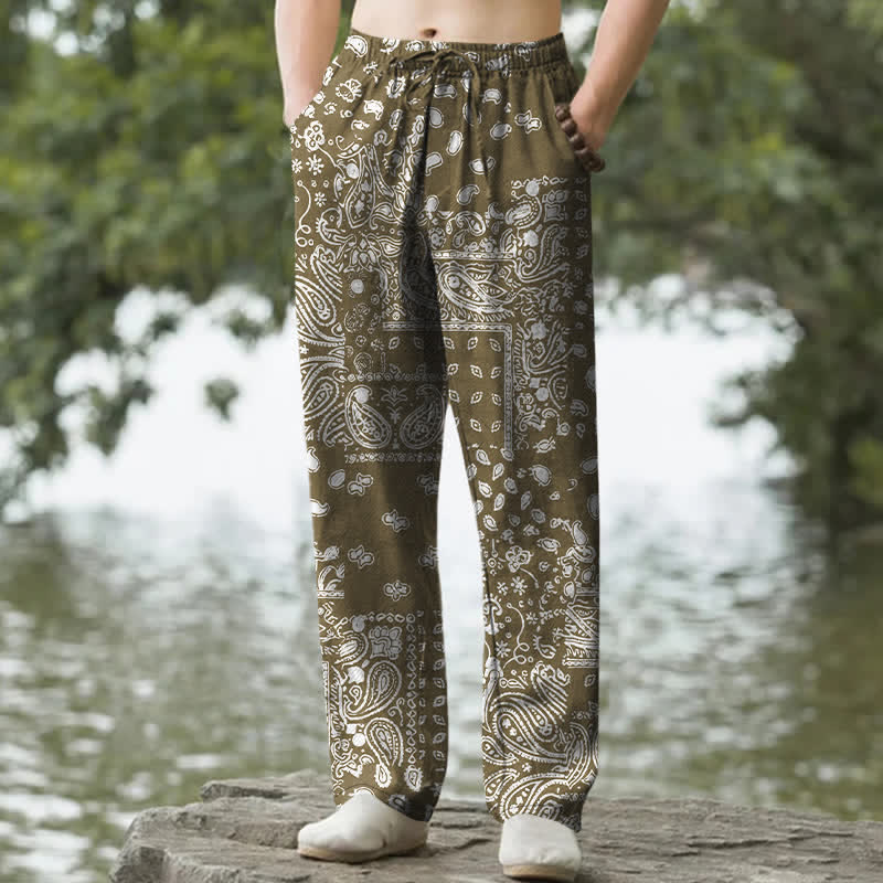Nimara Ritual Cotton Black White Paisley Patchwork Pattern Men's Tapered Pants With Pockets