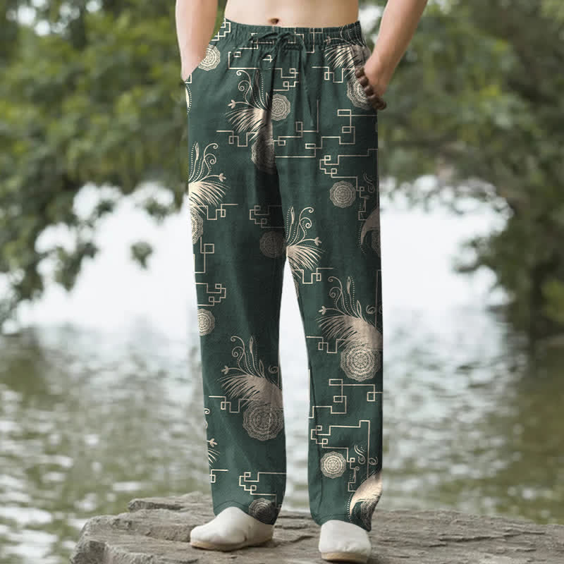 Nimara Ritual Cotton Feather Geometric Pattern Men's Tapered Pants With Pockets