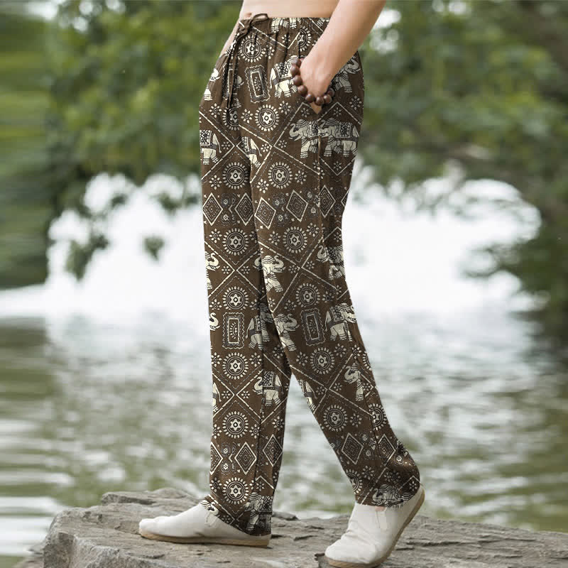 Nimara Ritual Cotton Ivory Elephant Mandala Geometry Pattern Men's Tapered Pants With Pockets