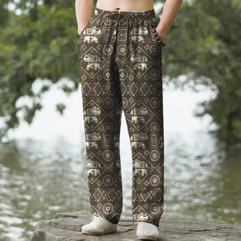 Nimara Ritual Cotton Ivory Elephant Mandala Geometry Pattern Men's Tapered Pants With Pockets
