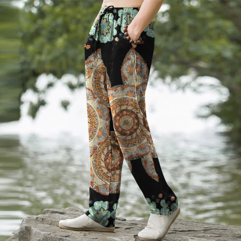 Nimara Ritual Pure Cotton Mandala Floral Pattern Men's Tapered Pants With Pockets