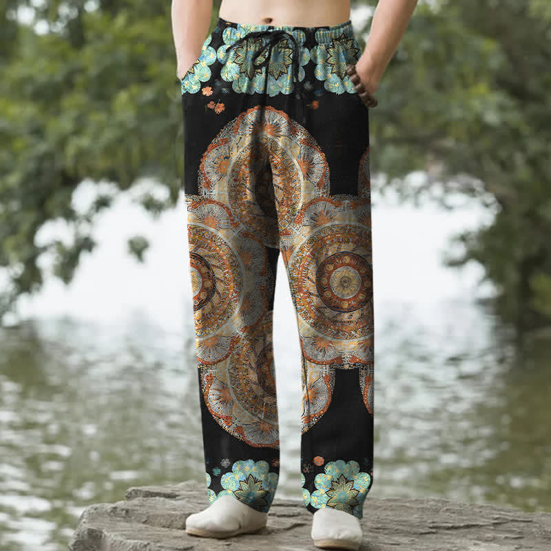 Nimara Ritual Pure Cotton Mandala Floral Pattern Men's Tapered Pants With Pockets