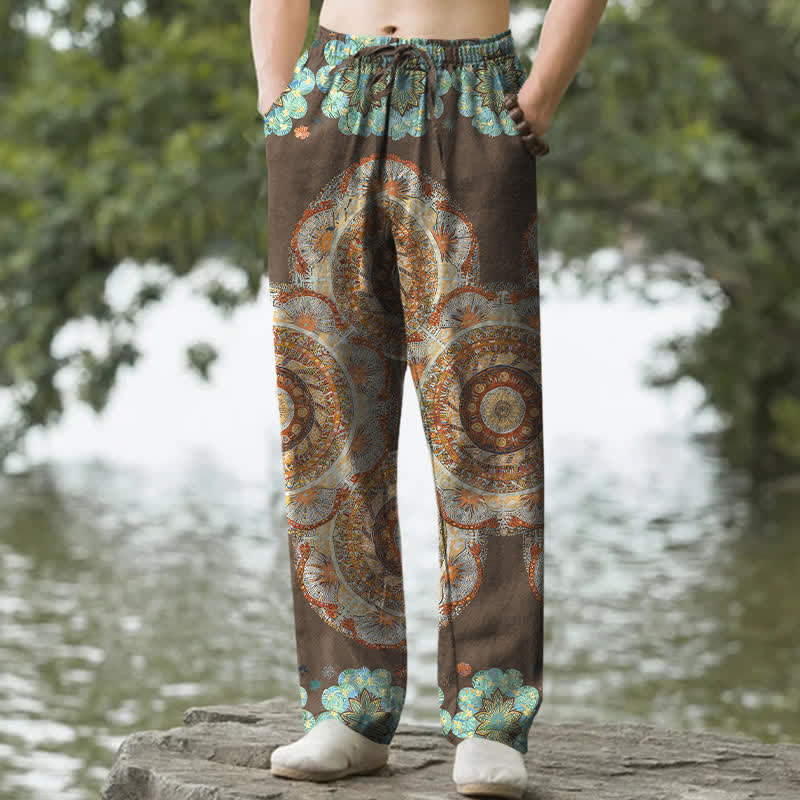 Nimara Ritual Pure Cotton Mandala Floral Pattern Men's Tapered Pants With Pockets