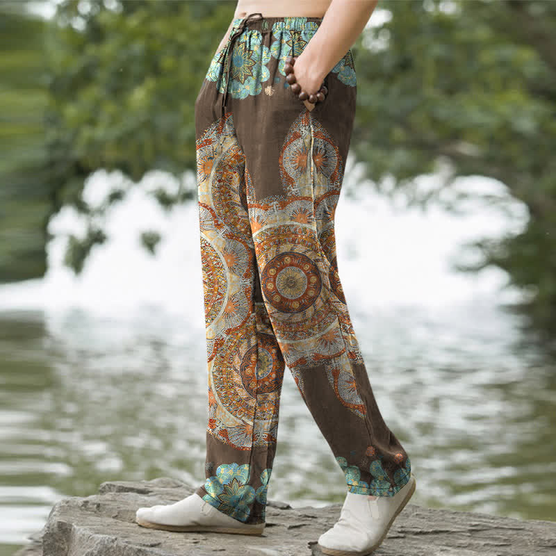 Nimara Ritual Pure Cotton Mandala Floral Pattern Men's Tapered Pants With Pockets