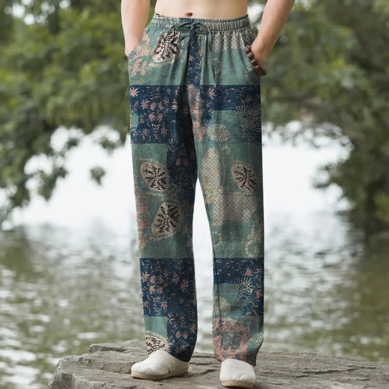 Nimara Ritual Cotton Boho Patchwork Floral Pattern Men's Tapered Pants With Pockets