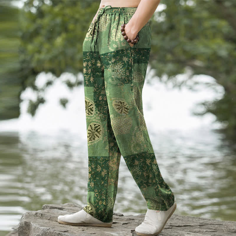Nimara Ritual Cotton Boho Patchwork Floral Pattern Men's Tapered Pants With Pockets