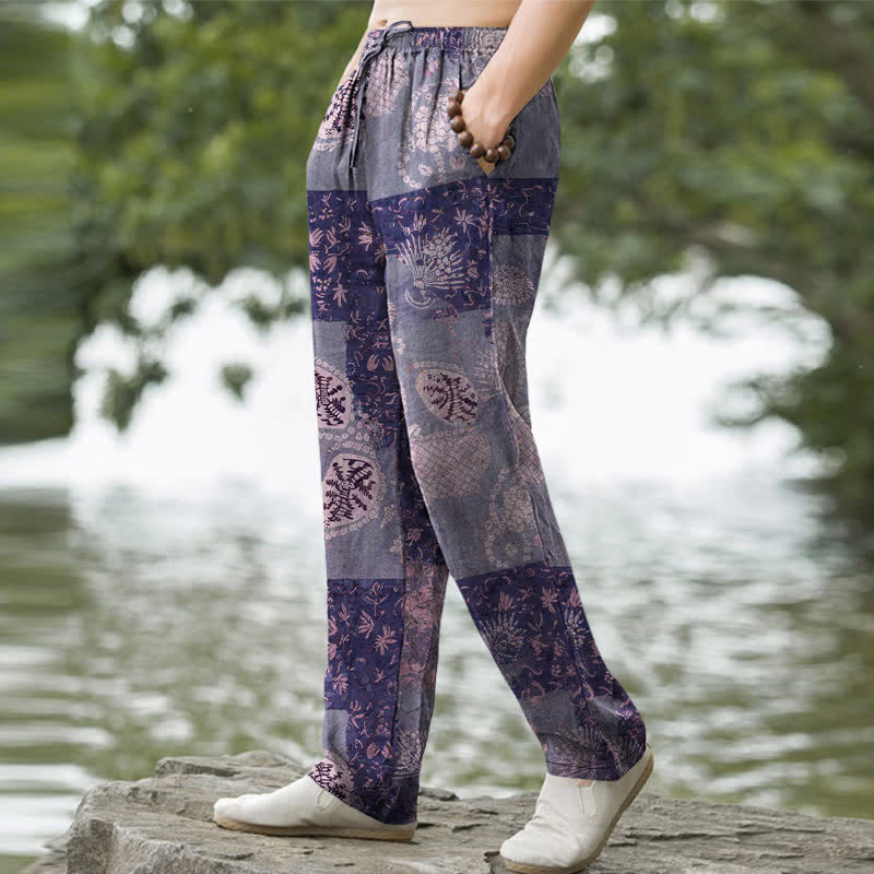 Nimara Ritual Cotton Boho Patchwork Floral Pattern Men's Tapered Pants With Pockets