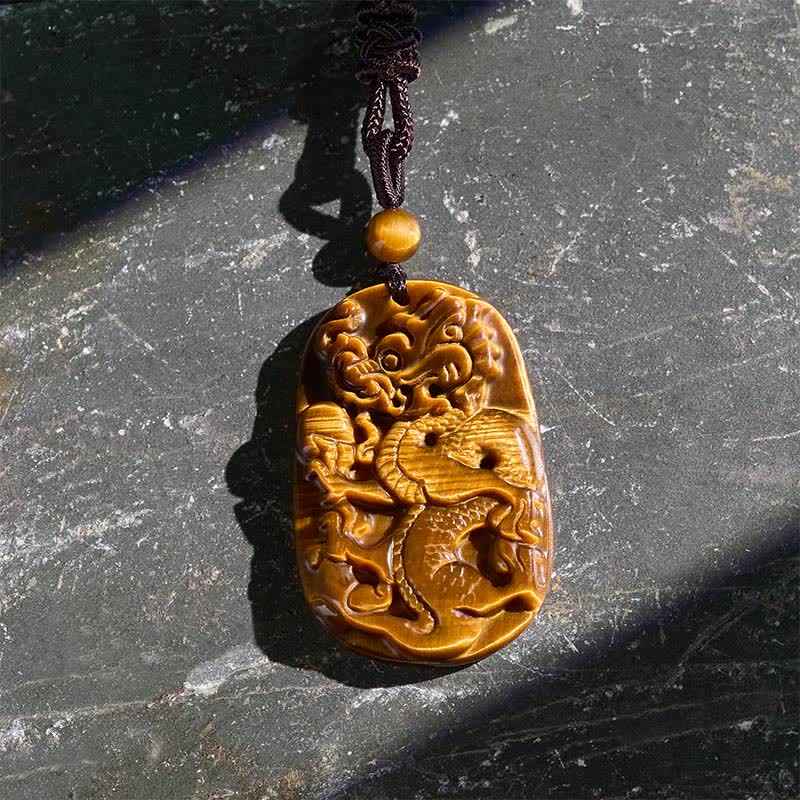 Nimara Ritual Tiger Eye Carved Dragon Pattern Rope Protection Necklace Pendant