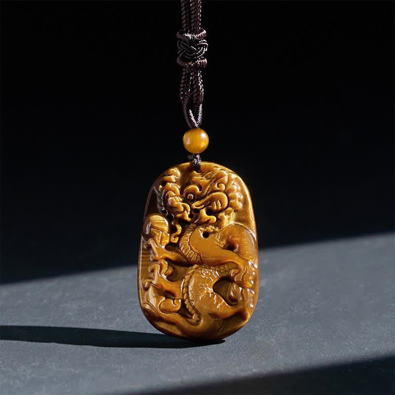 Nimara Ritual Tiger Eye Carved Dragon Pattern Rope Protection Necklace Pendant
