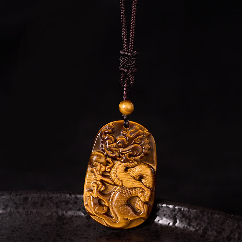 Nimara Ritual Tiger Eye Carved Dragon Pattern Rope Protection Necklace Pendant