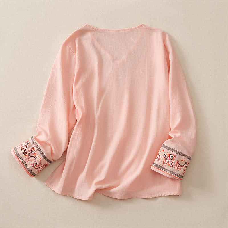 Nimara Ritual Casual Embroidered Flowers Slant Collar Strap Long Sleeve Women's Shirt