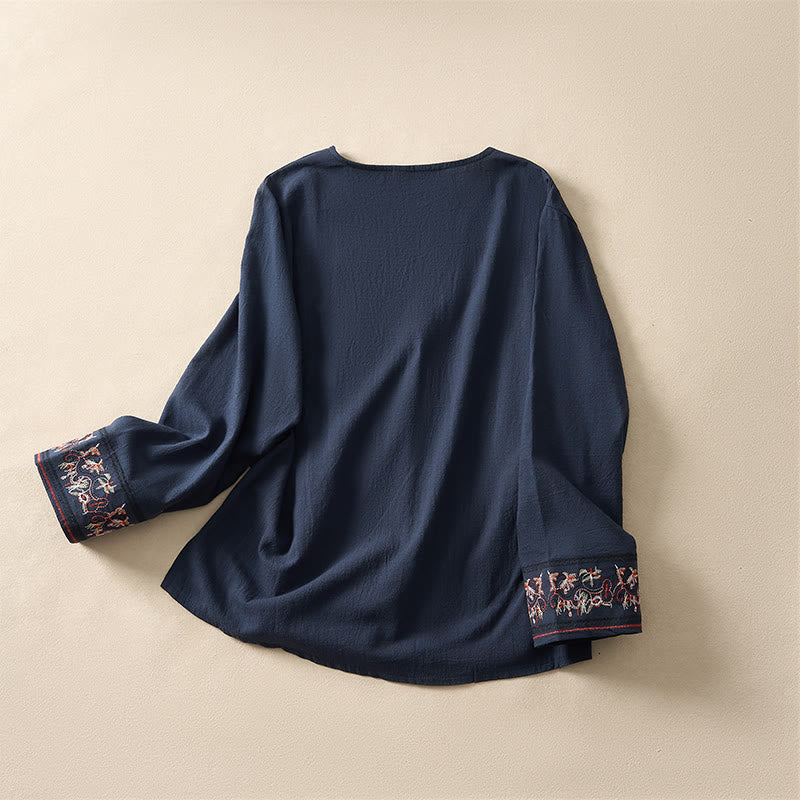 Nimara Ritual Casual Embroidered Flowers Slant Collar Strap Long Sleeve Women's Shirt