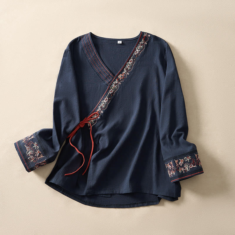 Nimara Ritual Casual Embroidered Flowers Slant Collar Strap Long Sleeve Women's Shirt