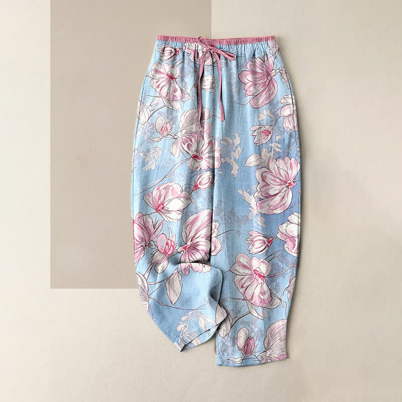 Nimara Ritual Pure Cotton Romantic Pink Floral Pattern Women's Elastic Waist Pants With Pockets