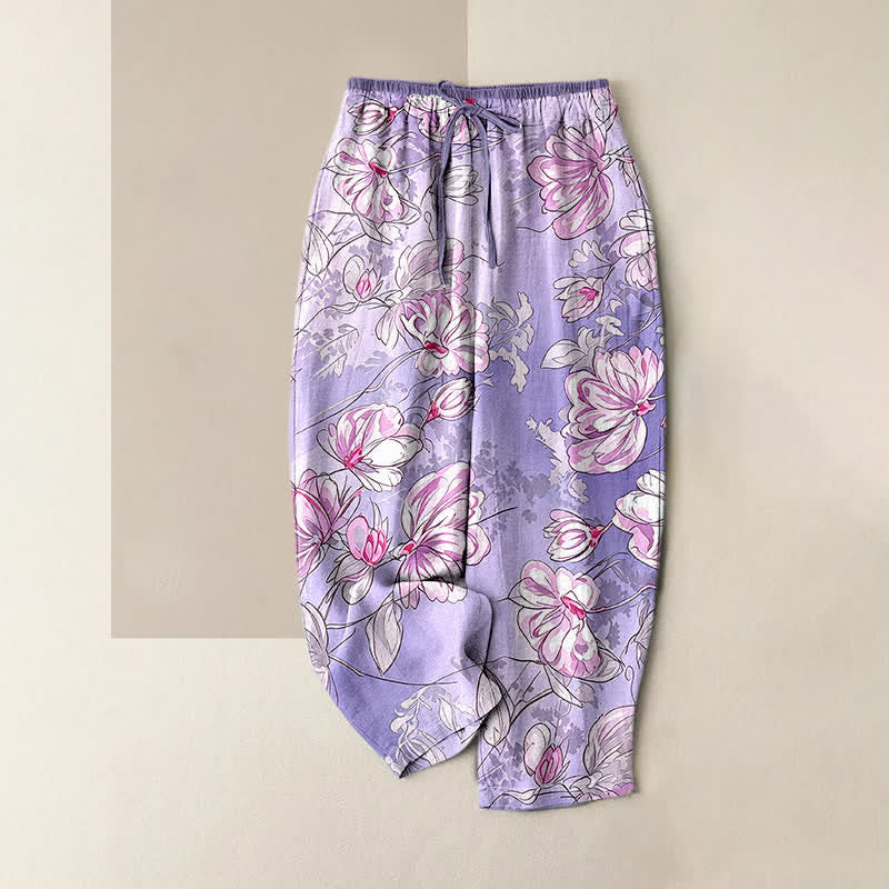 Nimara Ritual Pure Cotton Romantic Pink Floral Pattern Women's Elastic Waist Pants With Pockets