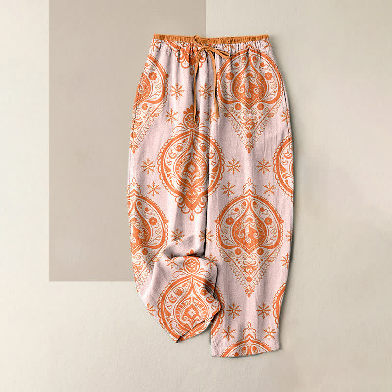Nimara Ritual Pure Cotton Floral Pattern Women's Elastic Waist Pants With Pockets