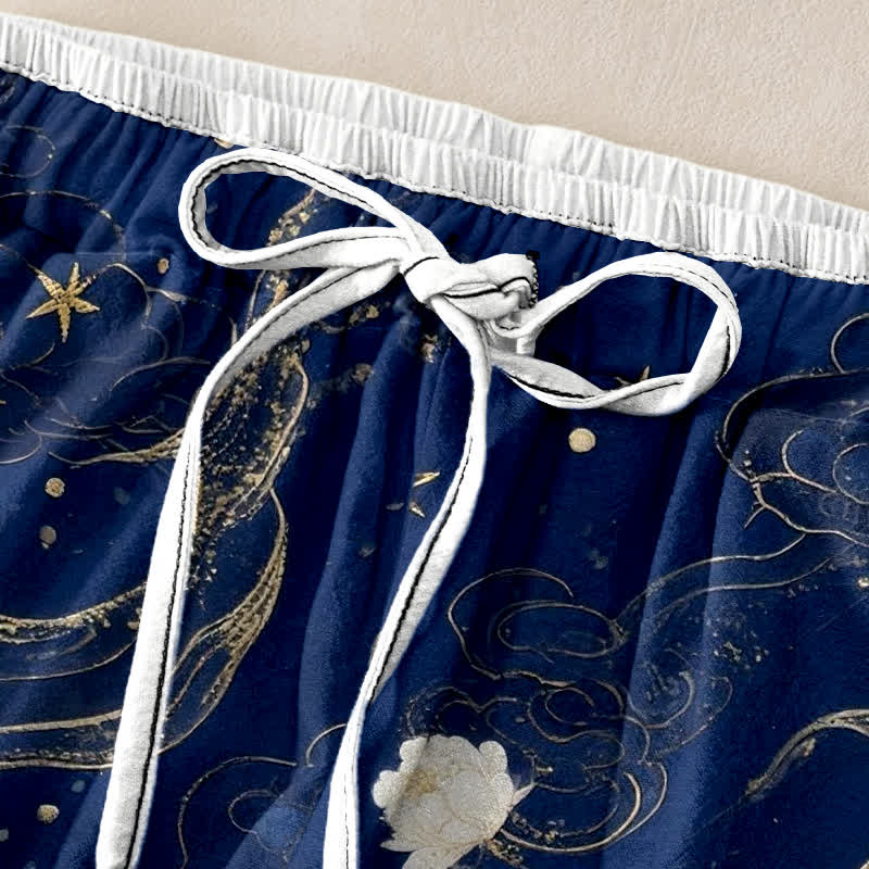 Nimara Ritual Pure Cotton Elegant Crane Floral Pattern Women's Elastic Waist Pants With Pockets