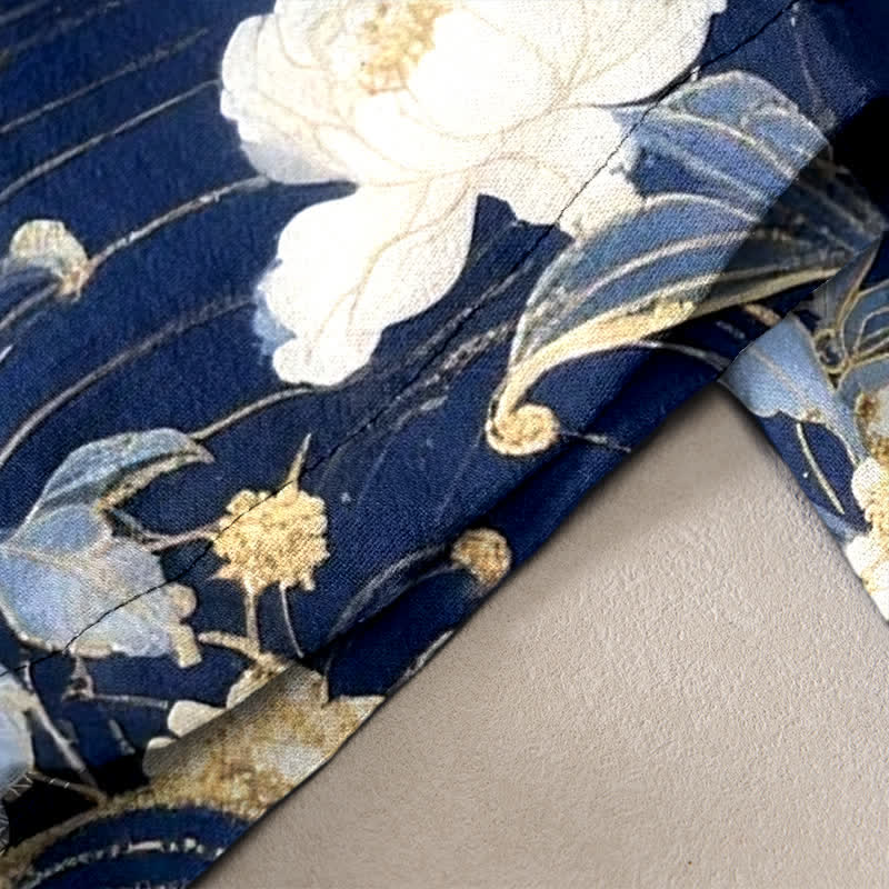 Nimara Ritual Pure Cotton Elegant Crane Floral Pattern Women's Elastic Waist Pants With Pockets