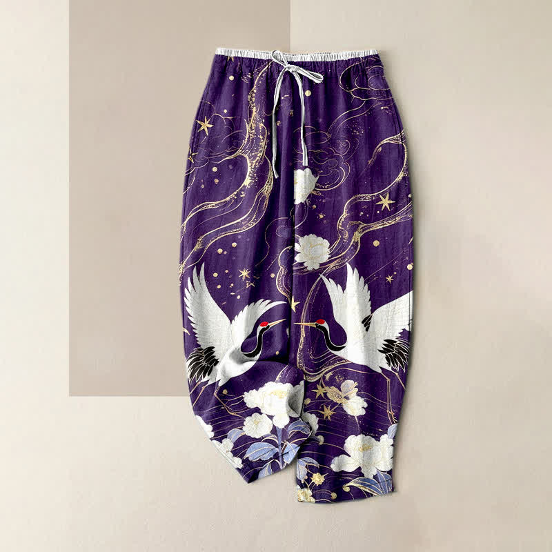 Nimara Ritual Pure Cotton Elegant Crane Floral Pattern Women's Elastic Waist Pants With Pockets