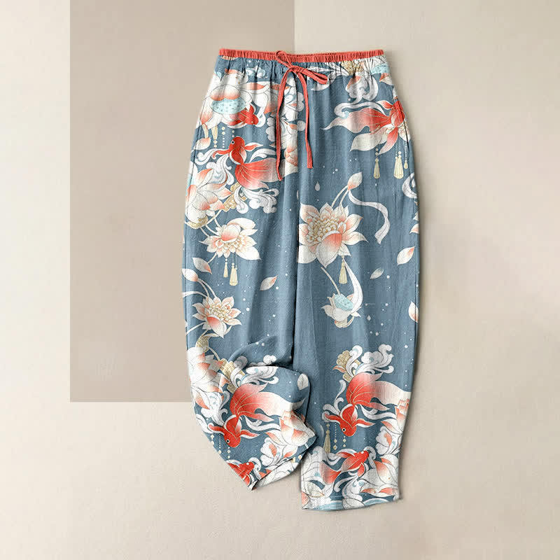 Nimara Ritual Pure Cotton Lotus Red Koi Fish Pattern Women's Elastic Waist Pants With Pockets